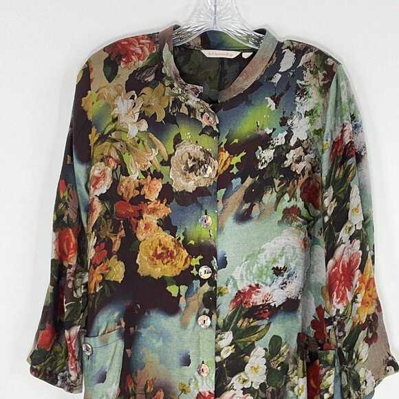Soft Surroundings‎ Top Women M Dark Floral Bloom Button Up Pockets Art To Wear - Picture 4 of 13